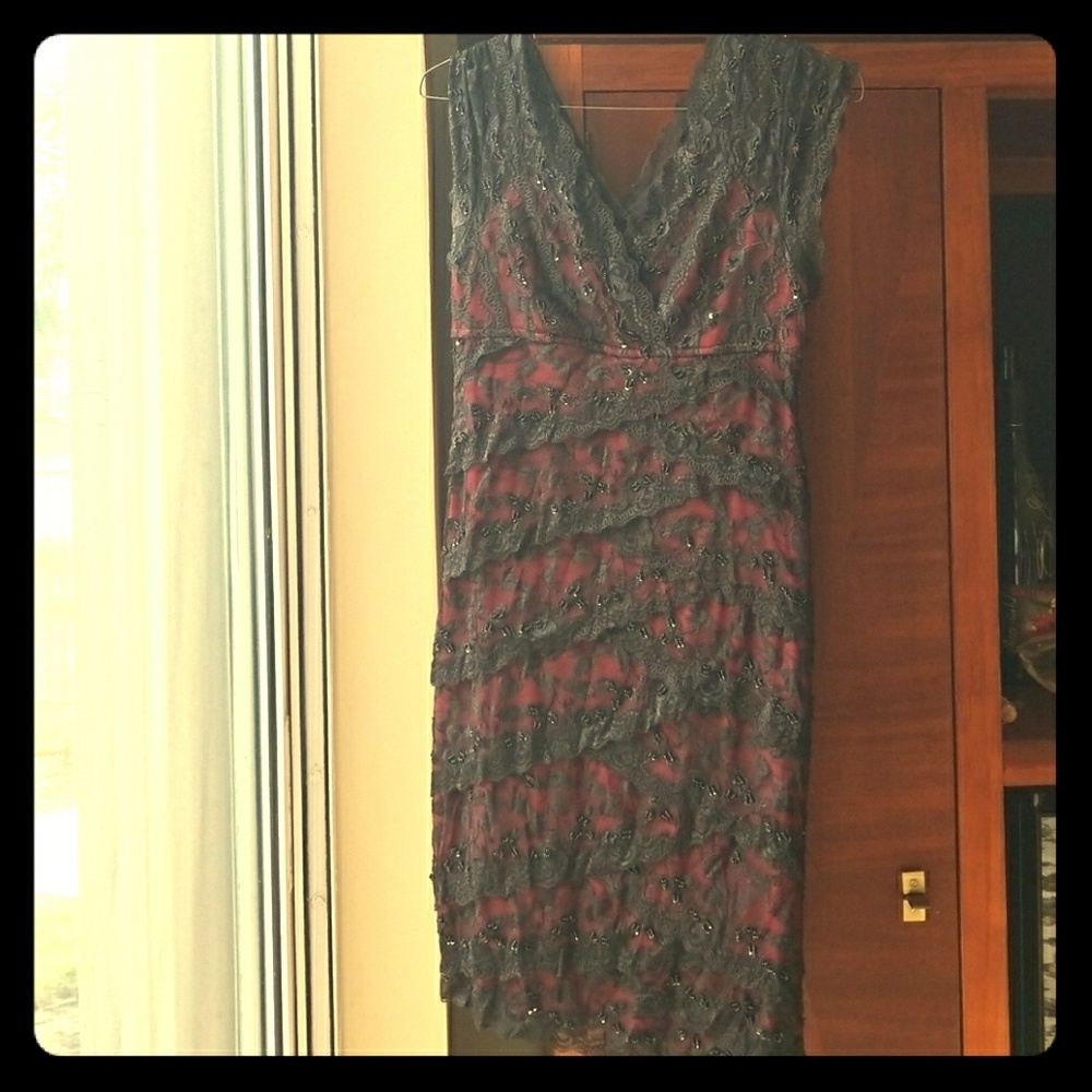 Red and black lace cocktail dress with beading